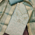Elegant Mint Green Shimmer Linen Printed Salwar Suit Hand Work Dupatta