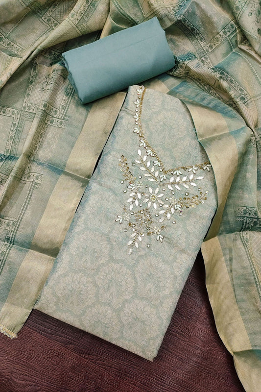 Elegant Mint Green Shimmer Linen Printed Salwar Suit Hand Work Dupatta
