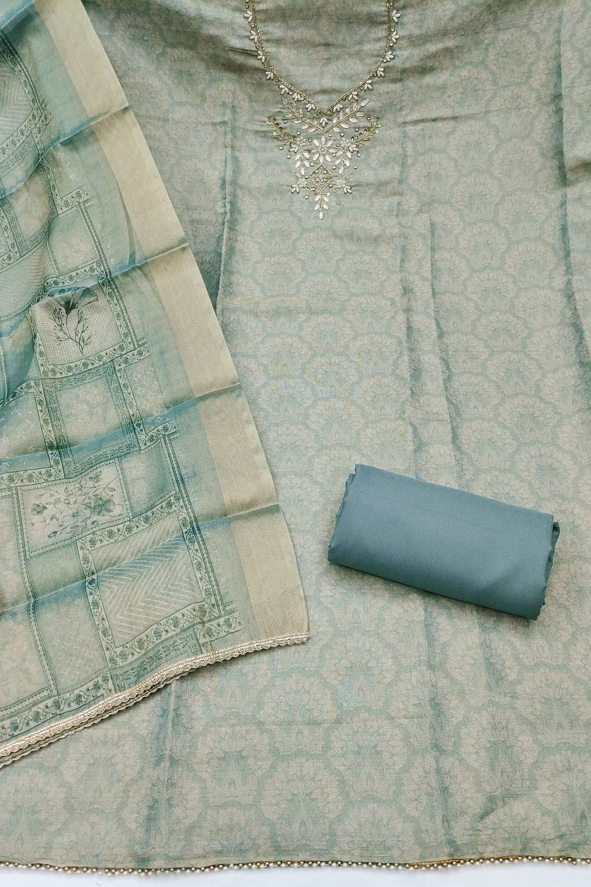 Elegant Mint Green Shimmer Linen Printed Salwar Suit Hand Work Dupatta