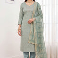 Elegant Mint Green Shimmer Linen Printed Salwar Suit Hand Work Dupatta