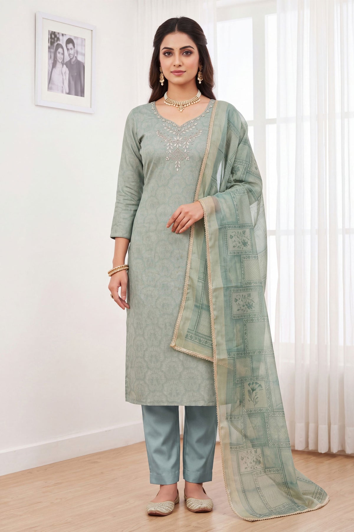 Elegant Mint Green Shimmer Linen Printed Salwar Suit Hand Work Dupatta