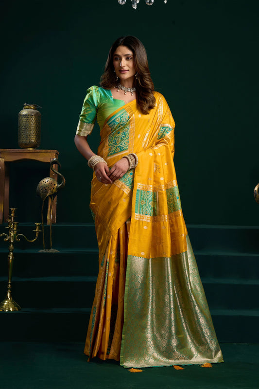 Stunning Mustard Yellow Soft Silk Woven Jari Designer Saree for Women