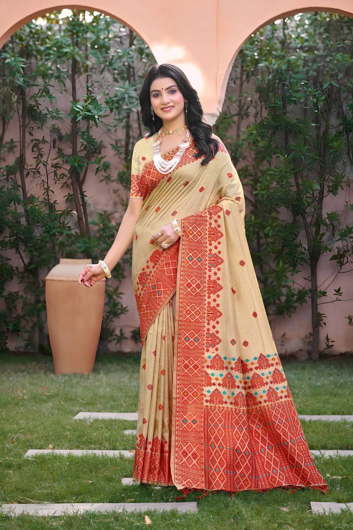 Elegant Beige Assam Silk Woven Work Designer Saree