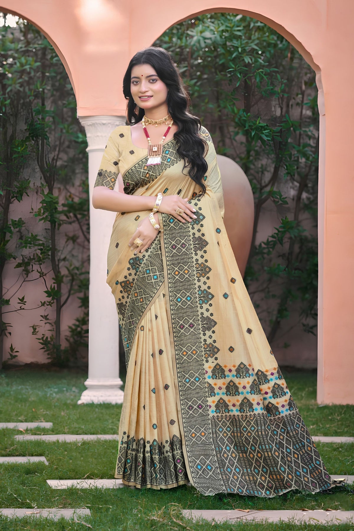 Stylish Beige Assam Silk Woven Designer Work Saree