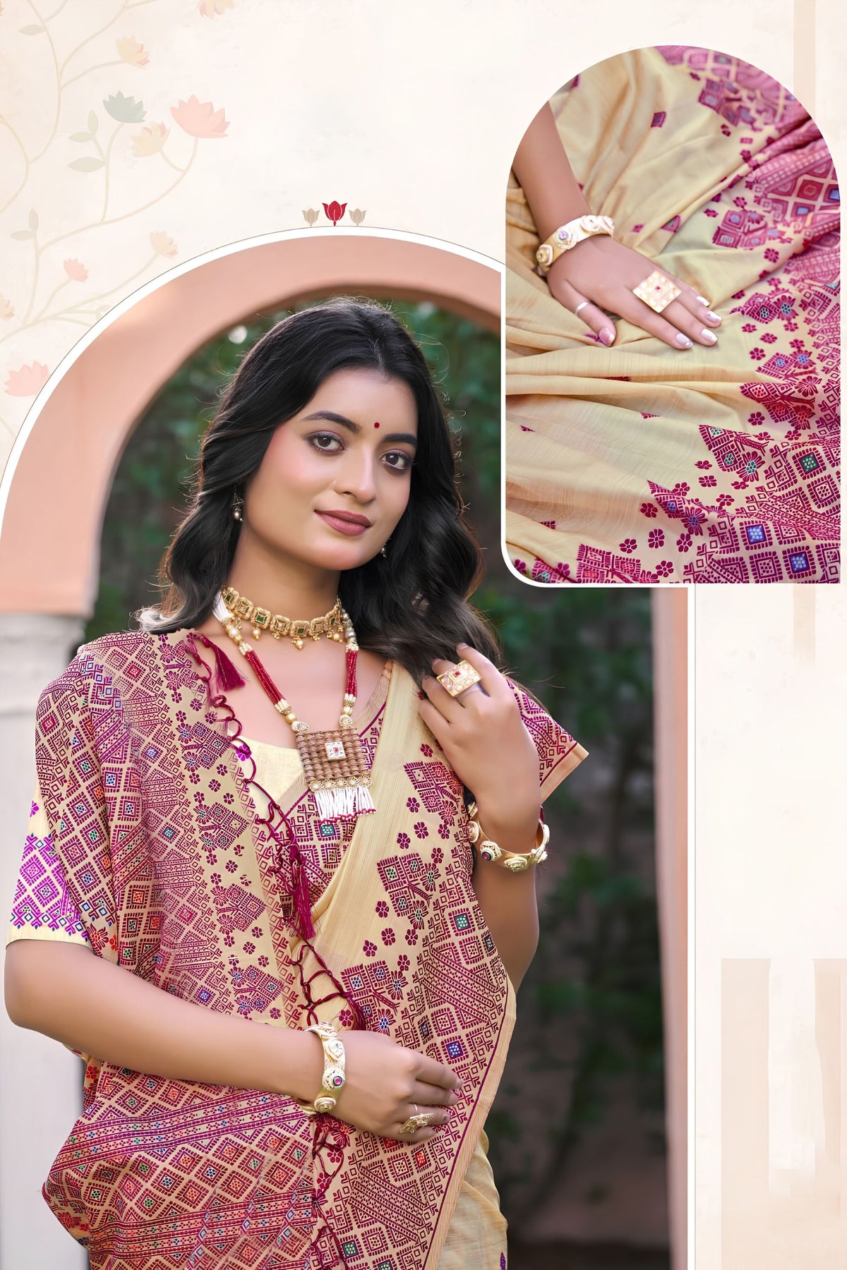 Beautiful Beige Assam Silk Woven Designer Work Saree