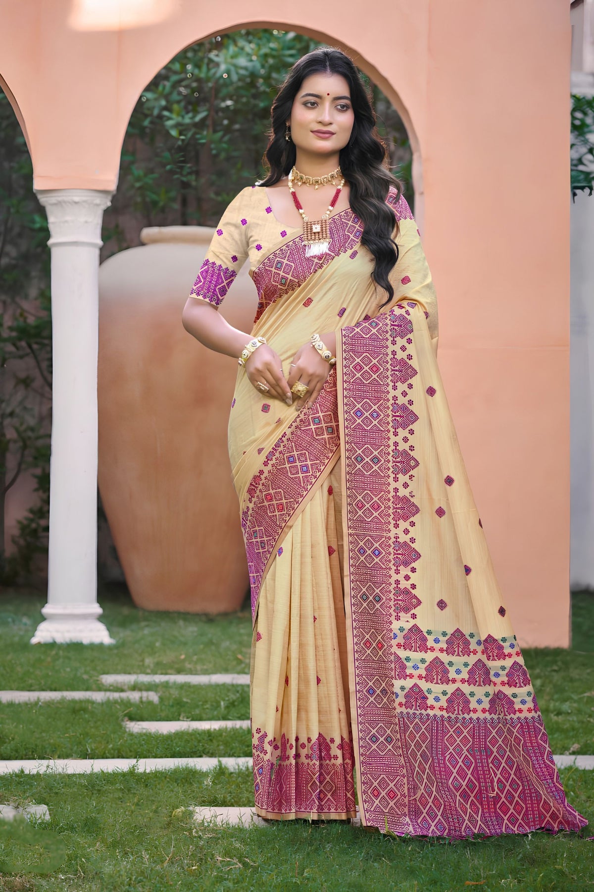 Beautiful Beige Assam Silk Woven Designer Work Saree