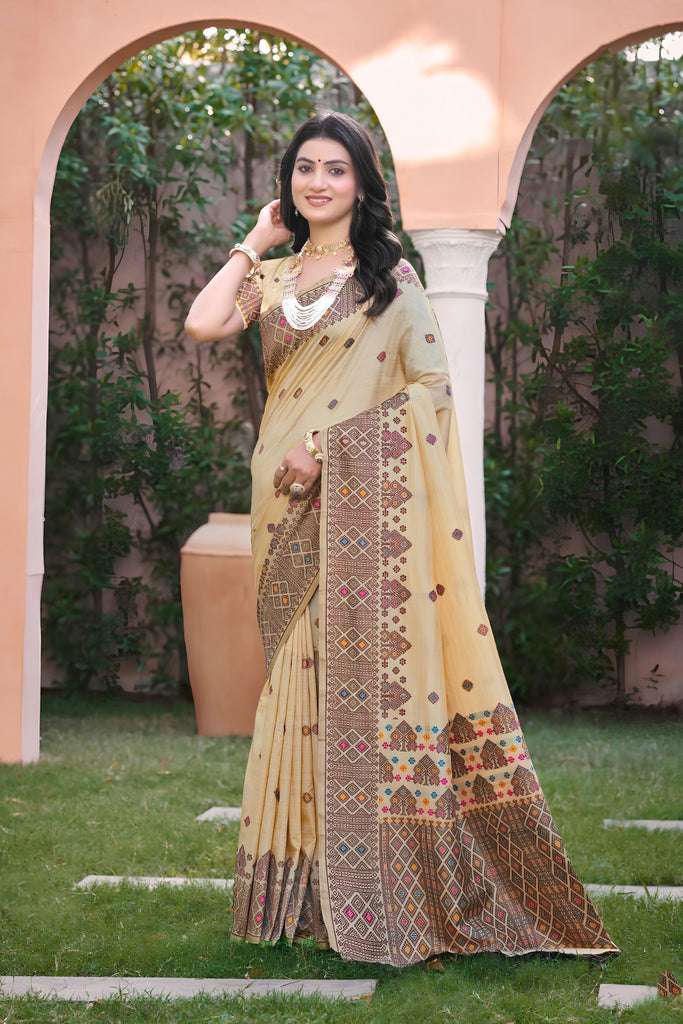 Stunning Beige Assam Silk Woven Designer Saree