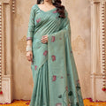 Elegant Pista Green Jute Linen Weaving Lotus Butti Designer Saree