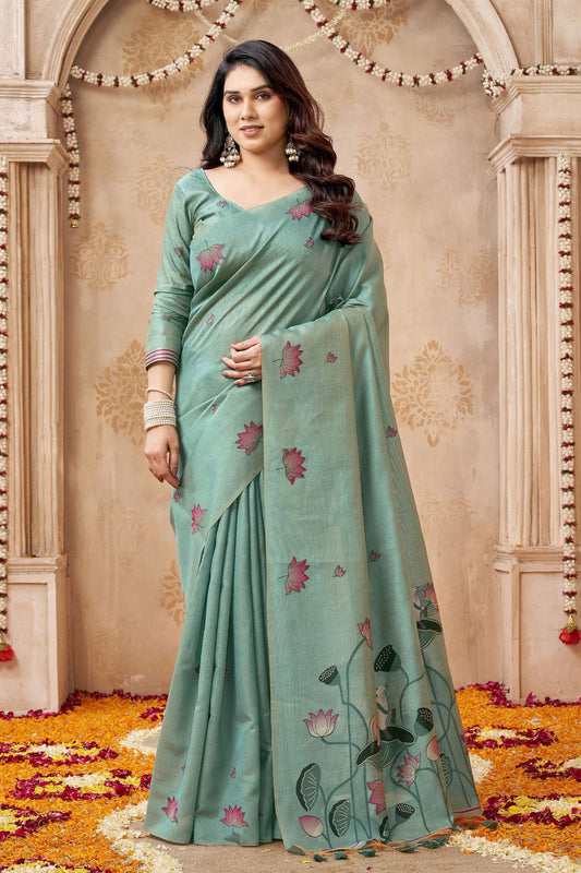 Elegant Pista Green Jute Linen Weaving Lotus Butti Designer Saree