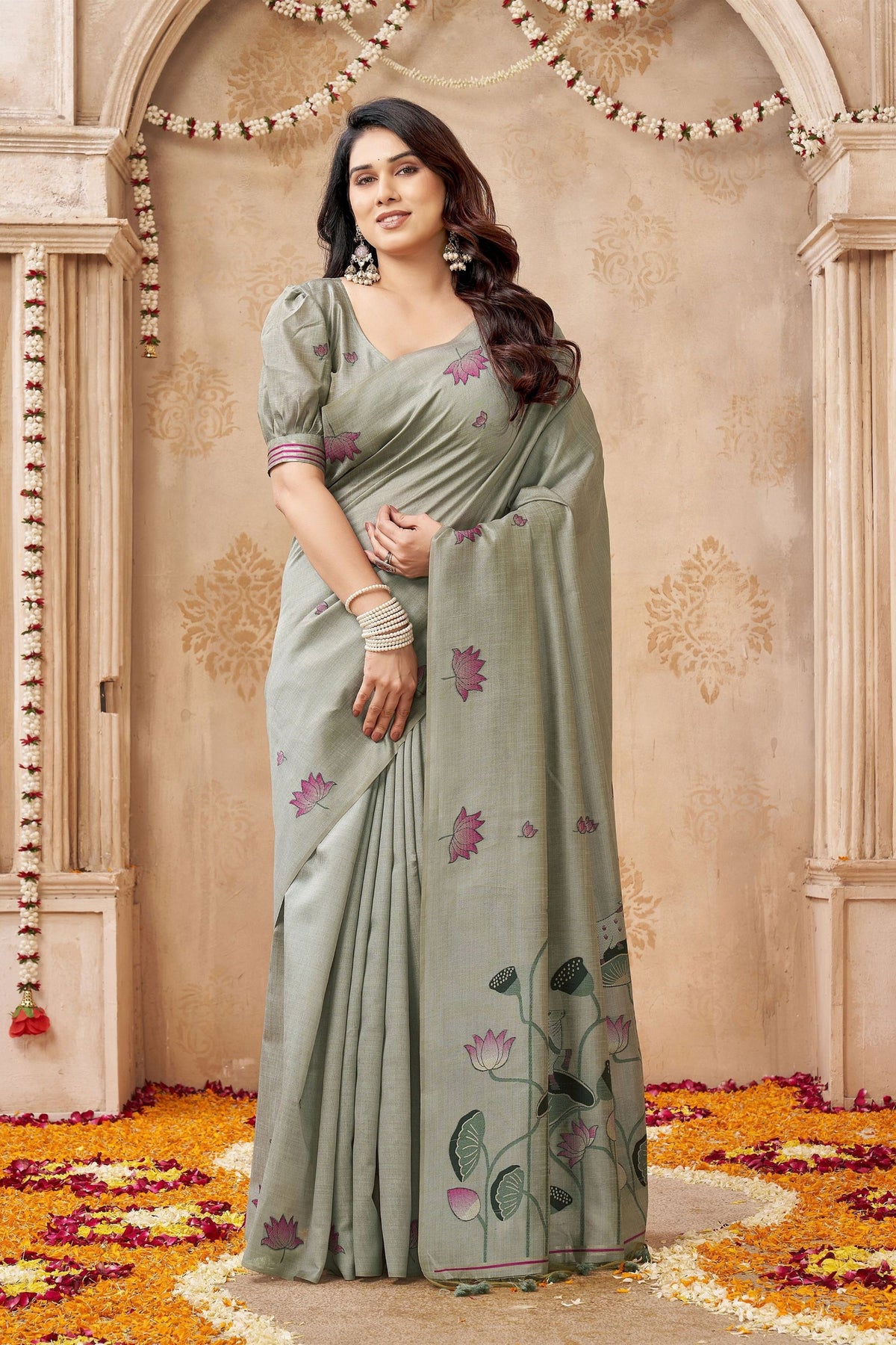 Grateful Sea Green Jute Linen Weaving Lotus Butti Designer Saree