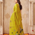 Stylish Lime Yellow Jute Linen Weaving Lotus Butti Designer Saree