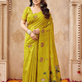 Stylish Lime Yellow Jute Linen Weaving Lotus Butti Designer Saree
