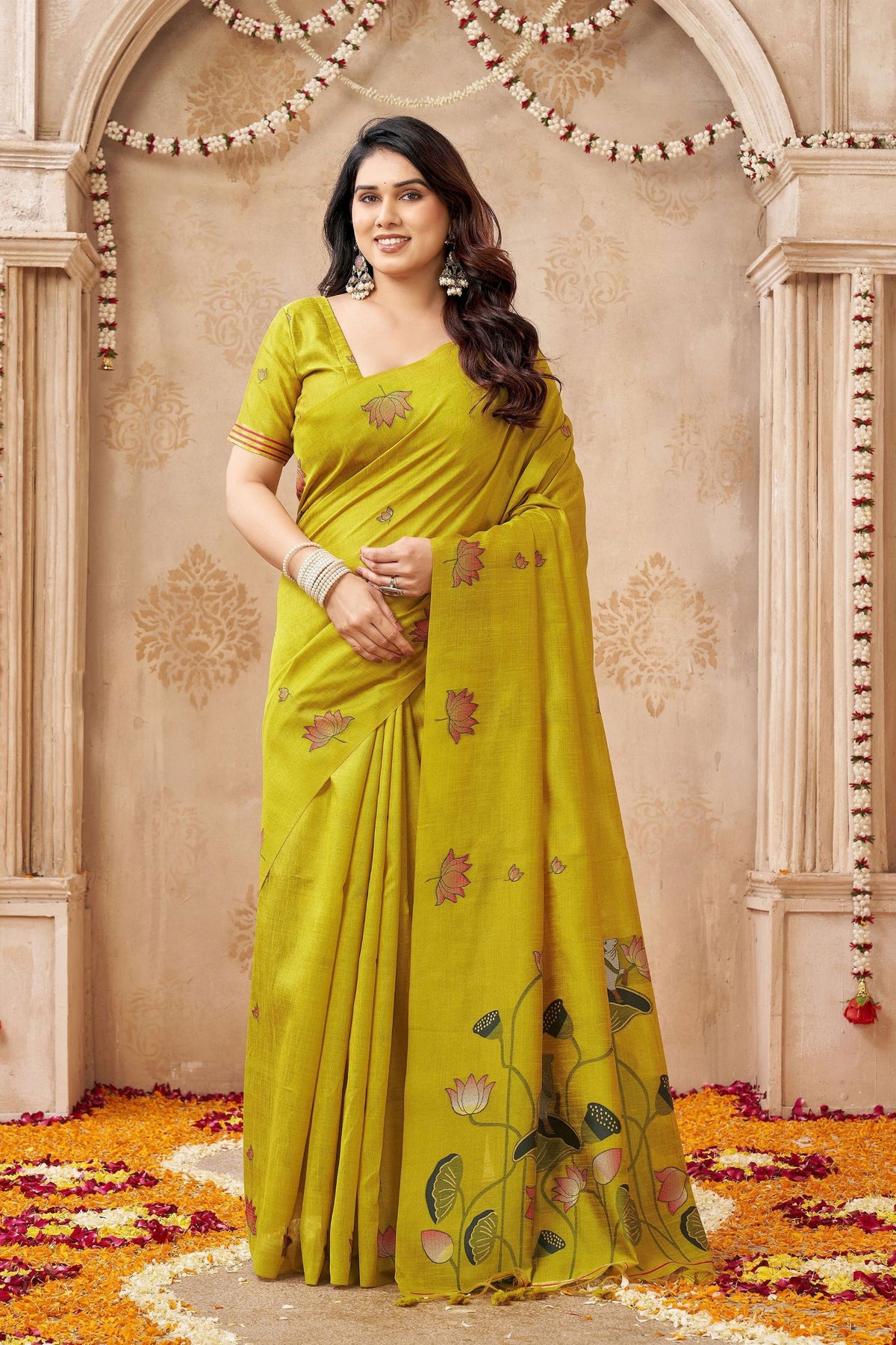 Stylish Lime Yellow Jute Linen Weaving Lotus Butti Designer Saree