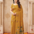 Premium Mustard Yellow Jute Linen Weaving Lotus Butti Designer Saree