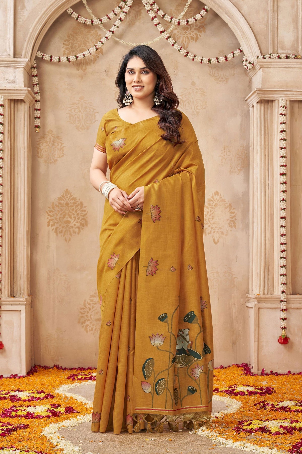 Premium Mustard Yellow Jute Linen Weaving Lotus Butti Designer Saree