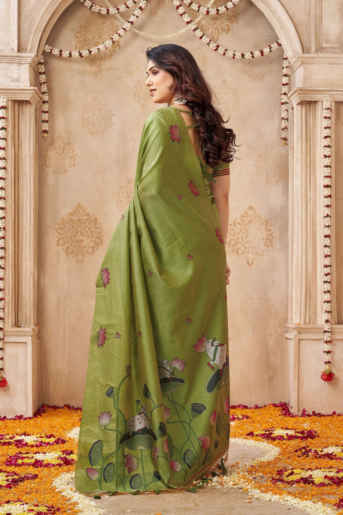 Grateful Olive Green Jute Linen Weaving Lotus Butti Designer Saree