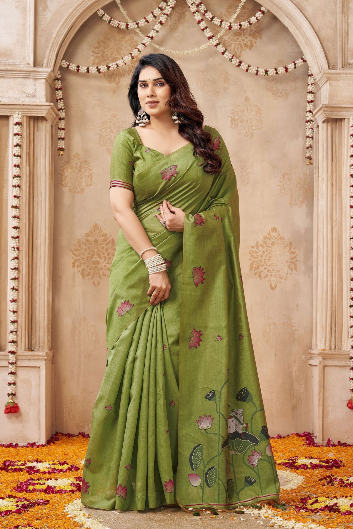 Grateful Olive Green Jute Linen Weaving Lotus Butti Designer Saree