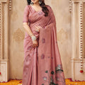 Beautiful Pink Jute Linen Weaving Lotus Butti Designer Saree