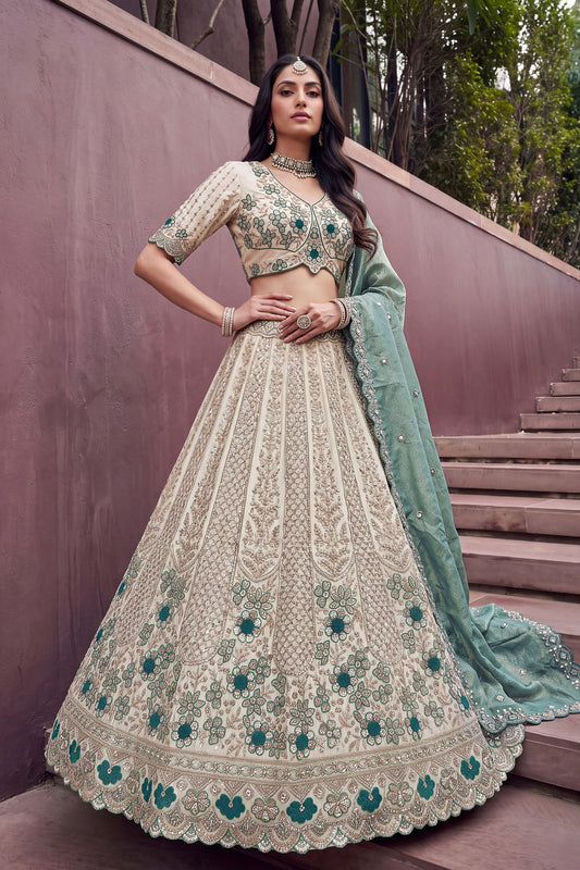 Premium Off-White and Teal Blue Silk Heavy Embroidered Designer Lehenga Choli with Dupatta