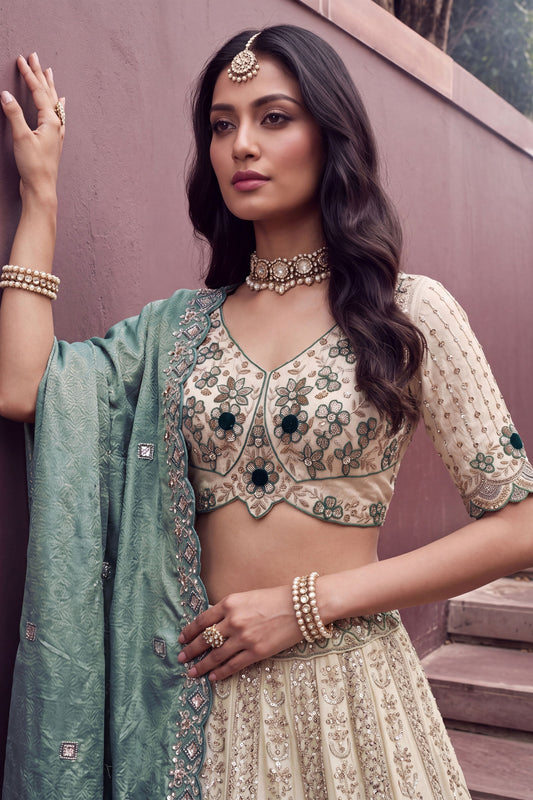 Premium Off-White and Teal Blue Silk Heavy Embroidered Designer Lehenga Choli with Dupatta