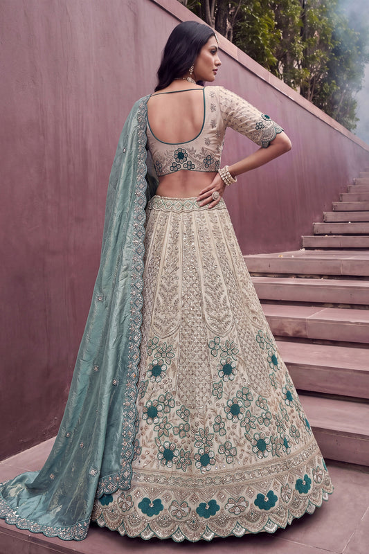 Premium Off-White and Teal Blue Silk Heavy Embroidered Designer Lehenga Choli with Dupatta