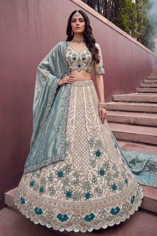 Premium Off-White and Teal Blue Silk Heavy Embroidered Designer Lehenga Choli with Dupatta