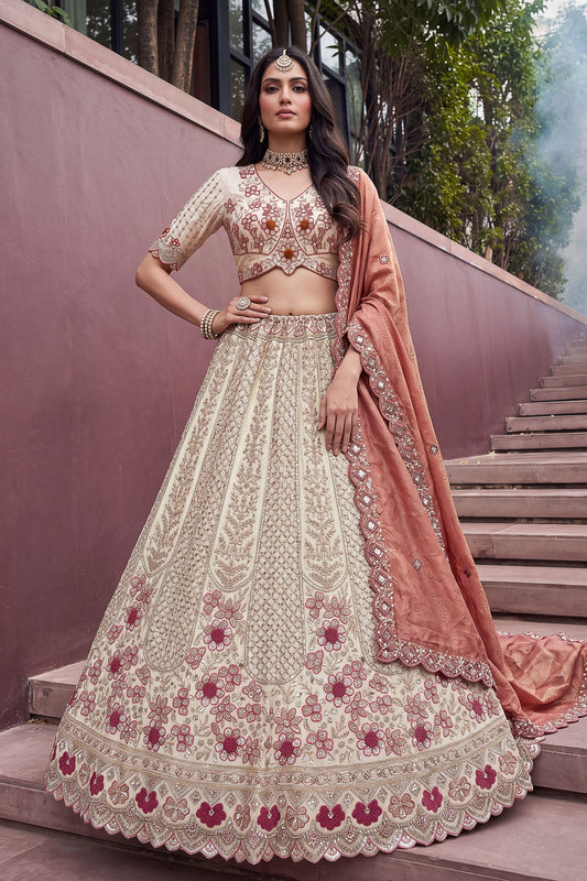 Stylish Off-White and Pink Silk Heavy Embroidered Designer Lehenga Choli with Dupatta