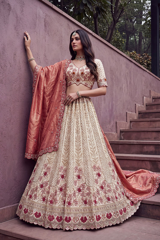Stylish Off-White and Pink Silk Heavy Embroidered Designer Lehenga Choli with Dupatta