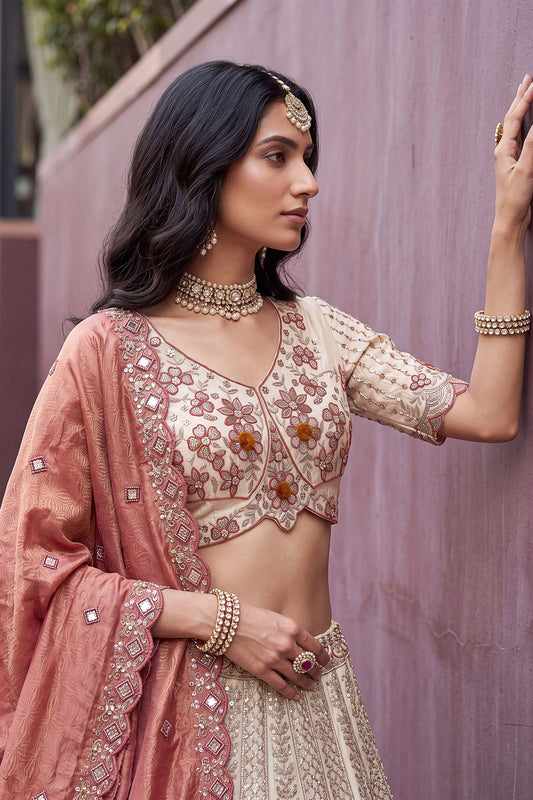 Stylish Off-White and Pink Silk Heavy Embroidered Designer Lehenga Choli with Dupatta