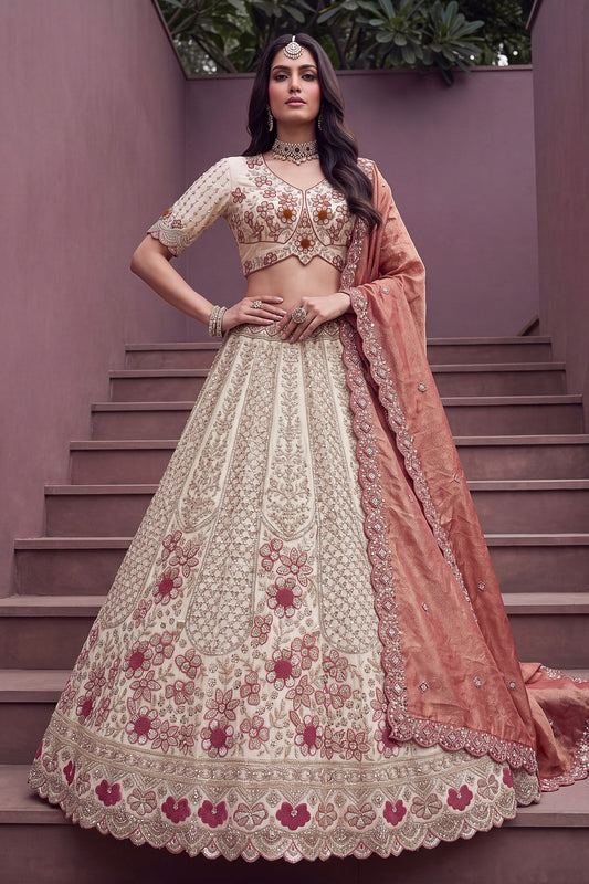 Stylish Off-White and Pink Silk Heavy Embroidered Designer Lehenga Choli with Dupatta