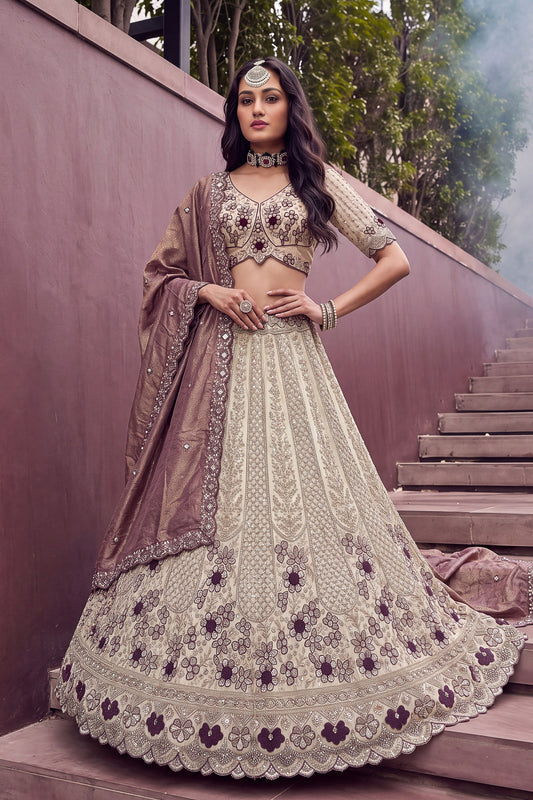 Stunning Off-White and Purple Silk Heavy Embroidered Designer Lehenga Choli with Dupatta