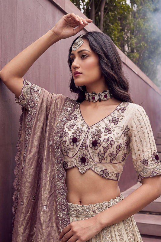 Stunning Off-White and Purple Silk Heavy Embroidered Designer Lehenga Choli with Dupatta