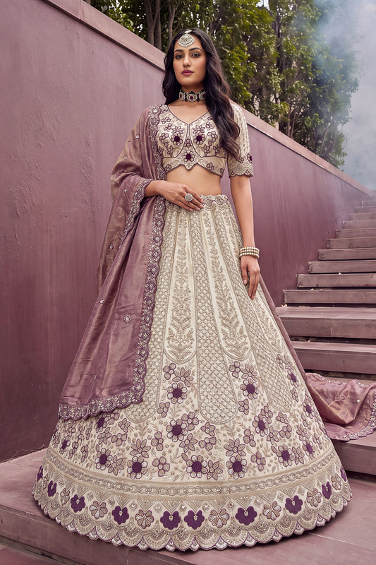 Stunning Off-White and Purple Silk Heavy Embroidered Designer Lehenga Choli with Dupatta