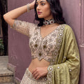 Elegant Off-White and Olive Green Silk Heavy Embroidered Designer Lehenga Choli with Dupatta