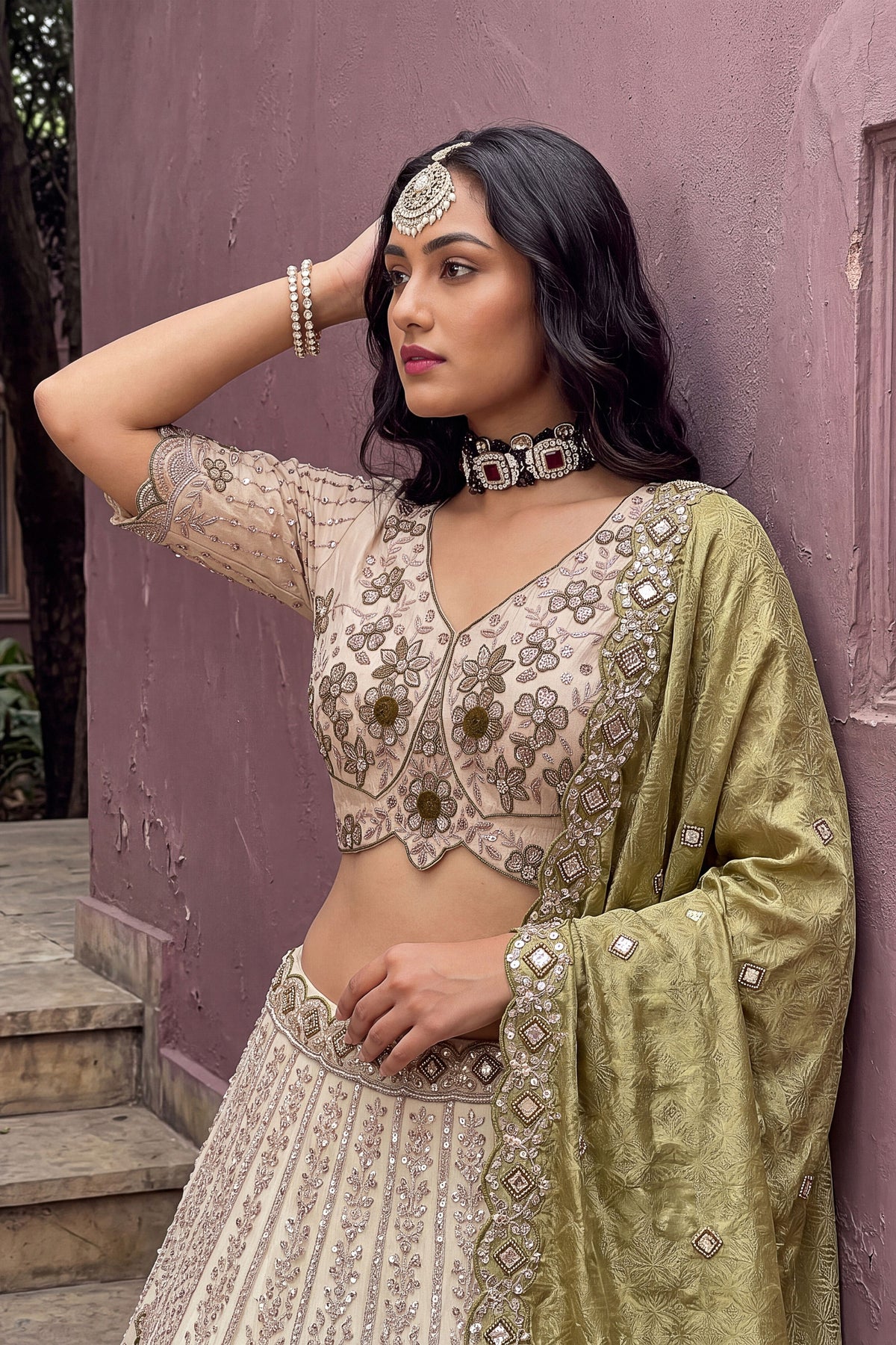 Elegant Off-White and Olive Green Silk Heavy Embroidered Designer Lehenga Choli with Dupatta
