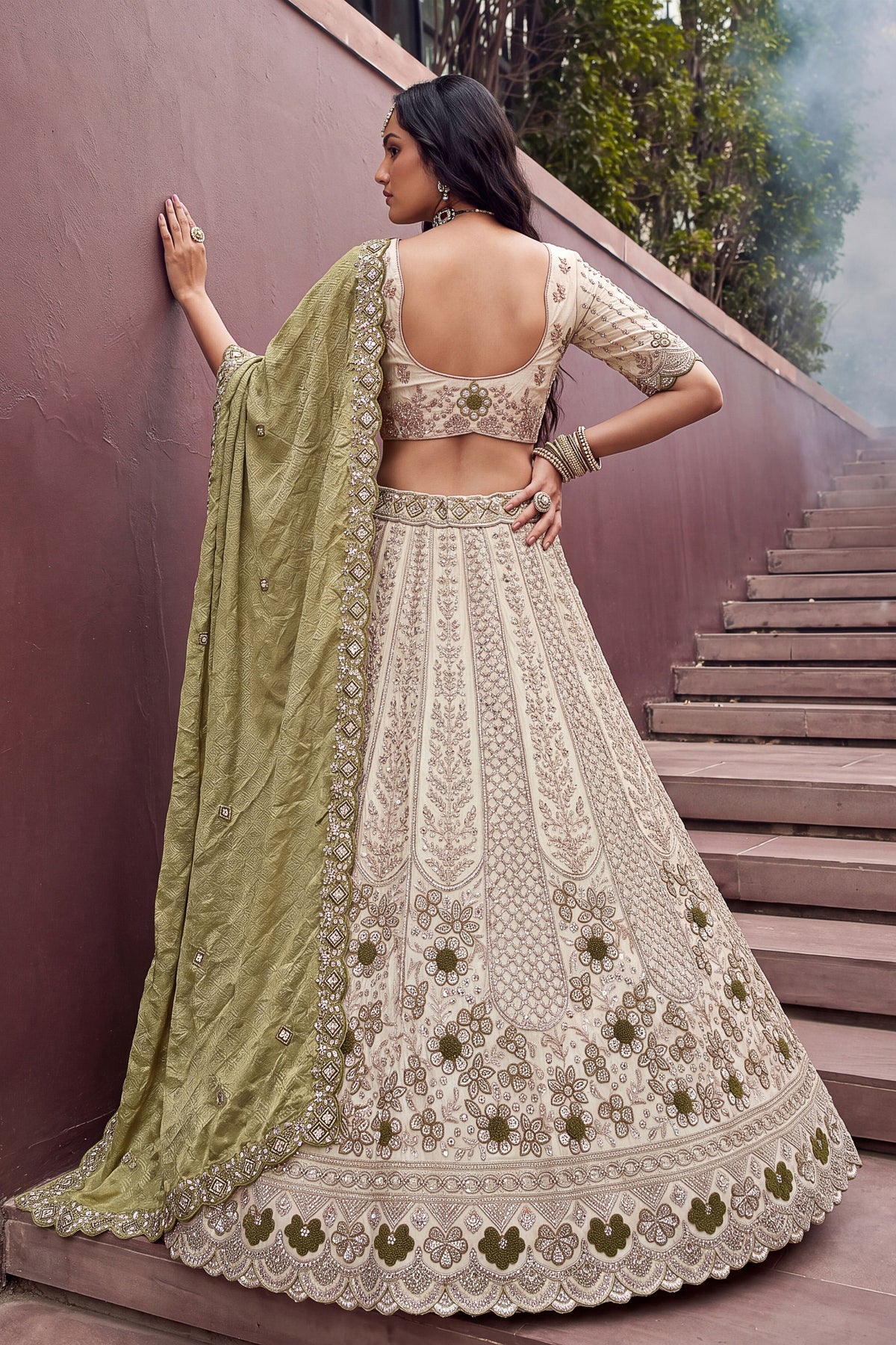 Elegant Off-White and Olive Green Silk Heavy Embroidered Designer Lehenga Choli with Dupatta