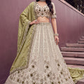Elegant Off-White and Olive Green Silk Heavy Embroidered Designer Lehenga Choli with Dupatta