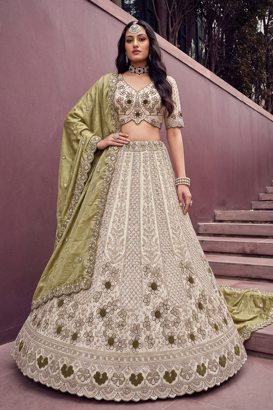 Elegant Off-White and Olive Green Silk Heavy Embroidered Designer Lehenga Choli with Dupatta