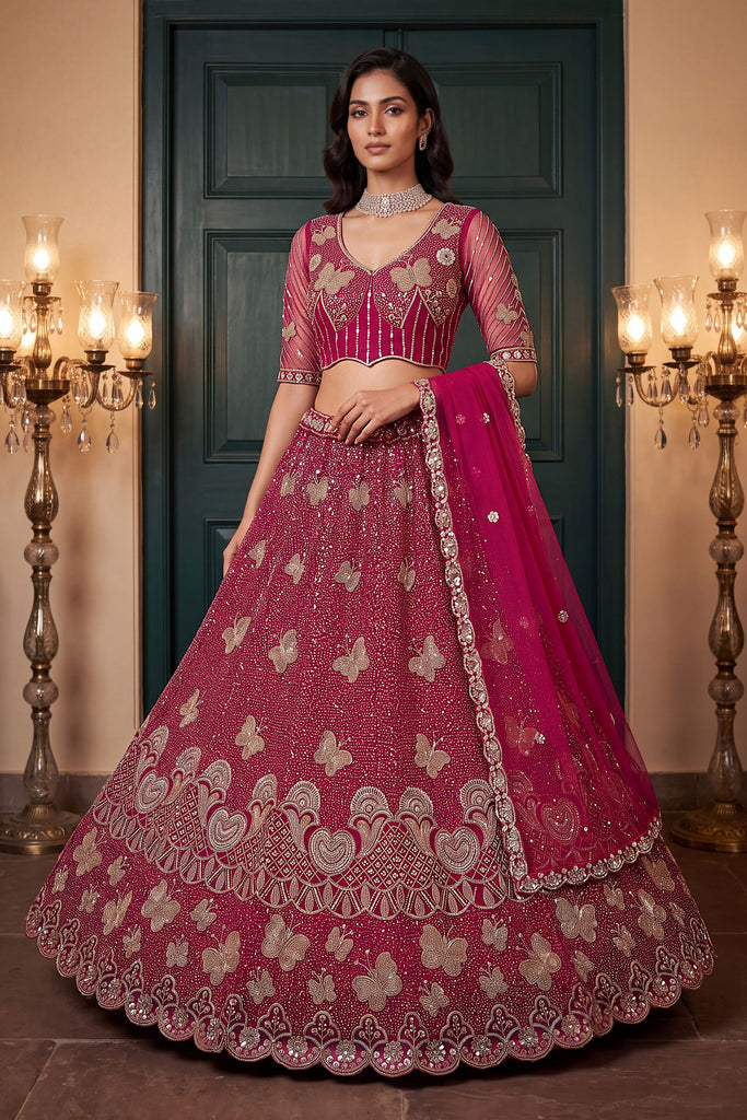 Elegant Rani Pink Heavy Net Embroidered Designer Lehenga Choli with Dupatta for Women