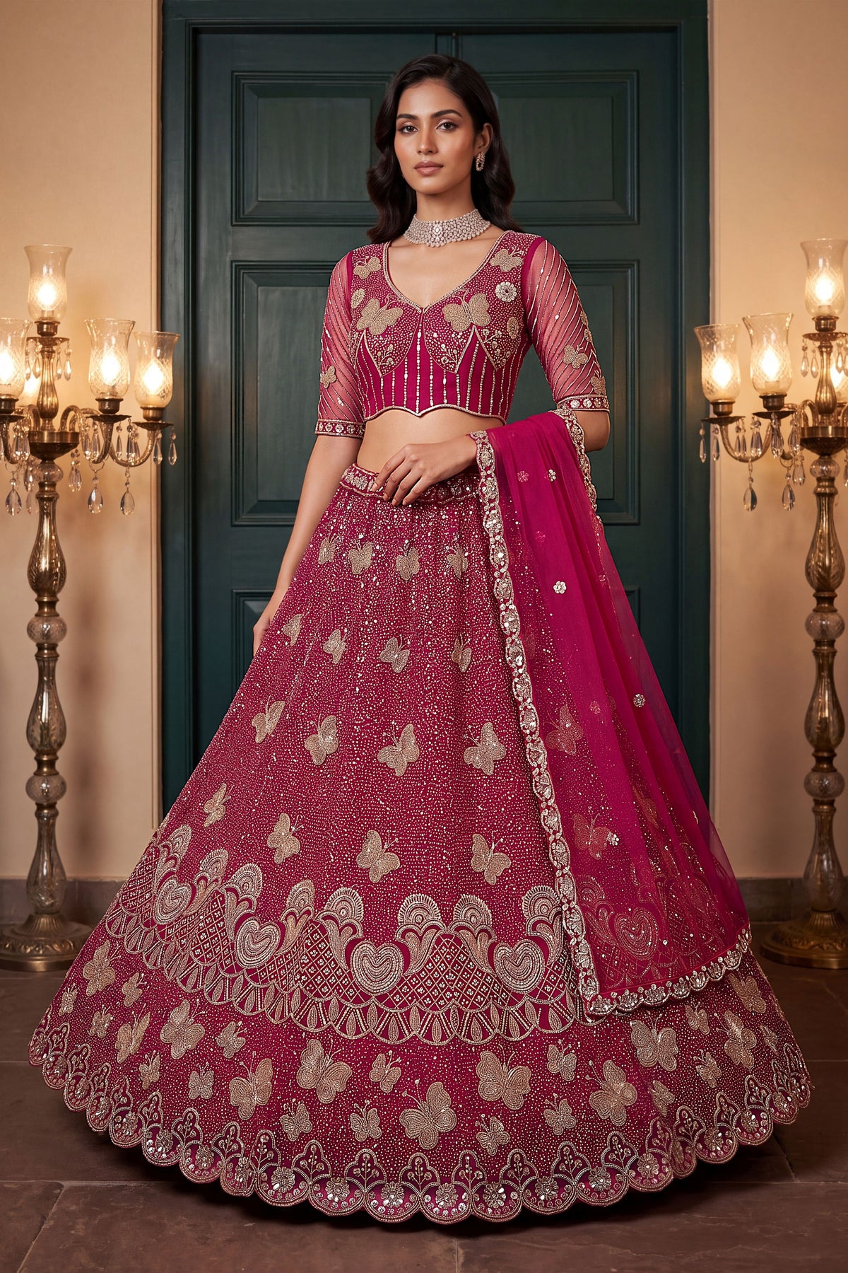 Elegant Rani Pink Heavy Net Embroidered Designer Lehenga Choli with Dupatta for Women
