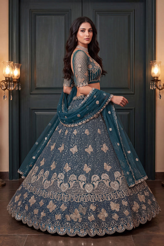 Stylish Teal Blue Heavy Net Embroidered Designer Lehenga Choli with Dupatta for Women
