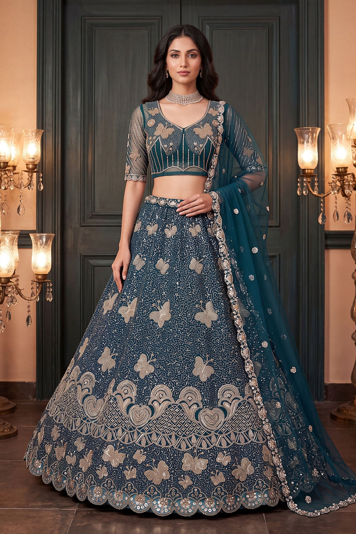 Stylish Teal Blue Heavy Net Embroidered Designer Lehenga Choli with Dupatta for Women