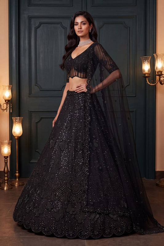 Glorious Black Heavy Net Embroidered Designer Lehenga Choli with Dupatta for Women