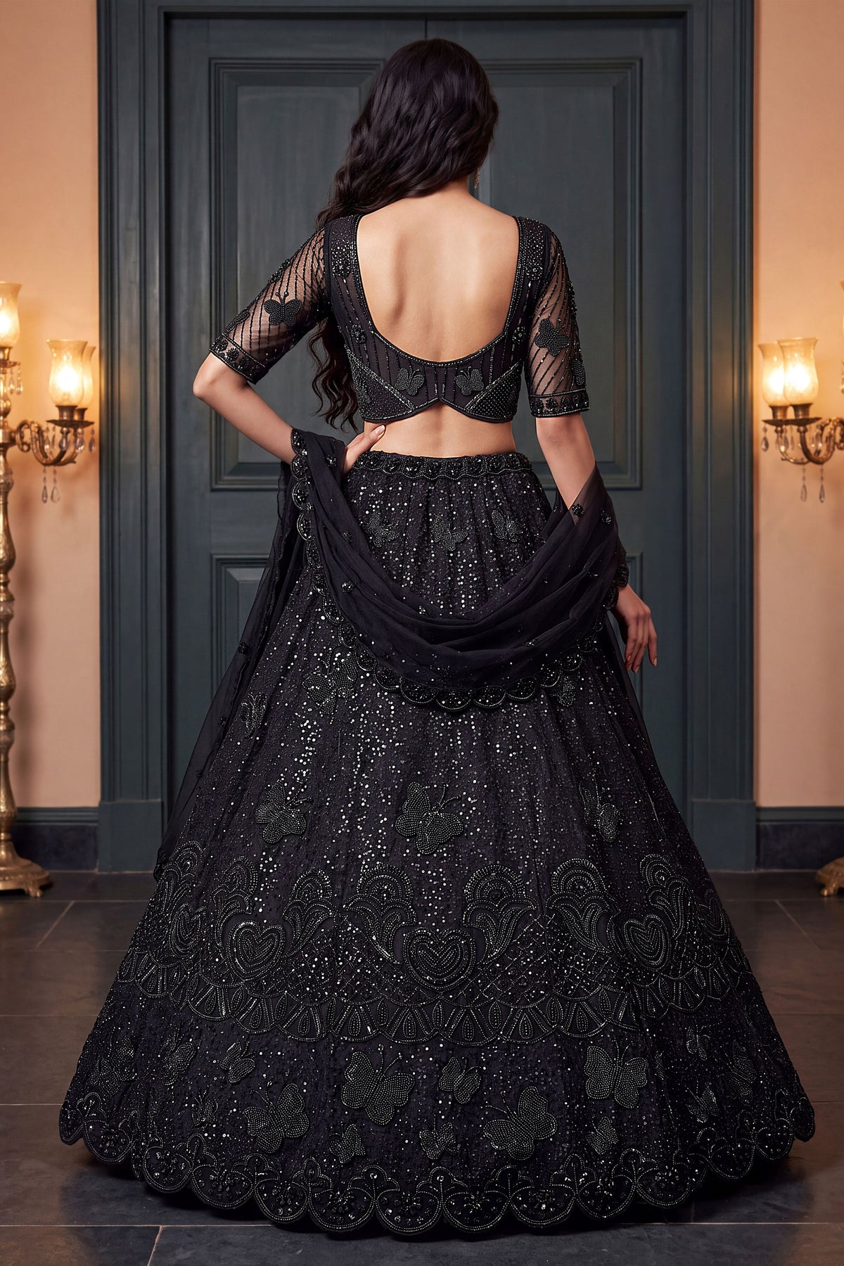 Glorious Black Heavy Net Embroidered Designer Lehenga Choli with Dupatta for Women