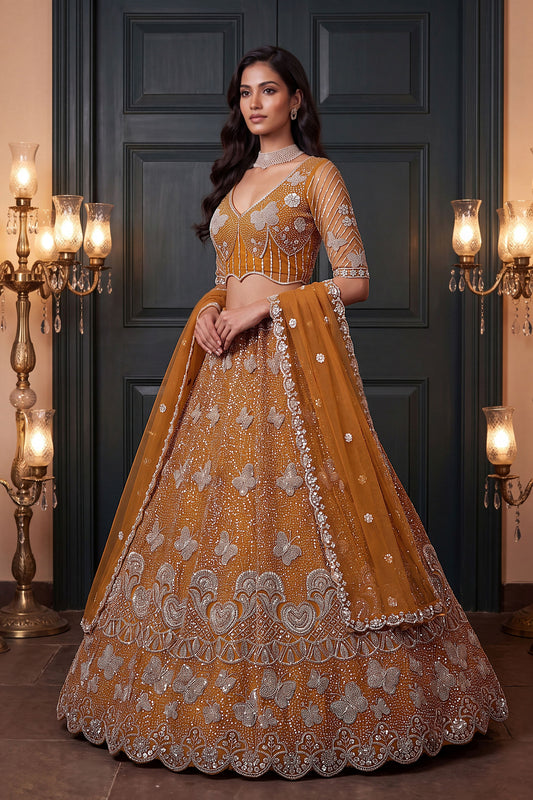Gorgeous Rust Orange Heavy Net Embroidered Designer Lehenga Choli with Dupatta for Women