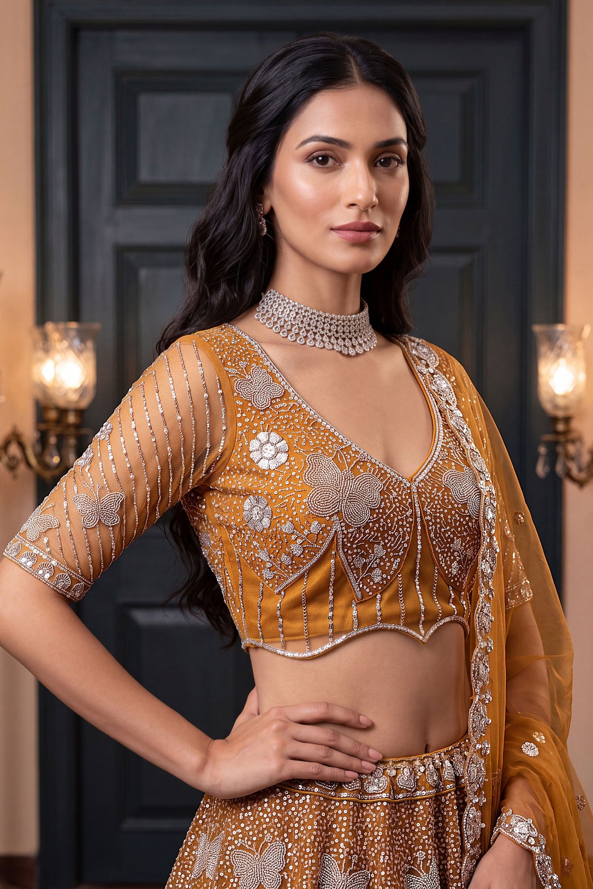 Gorgeous Rust Orange Heavy Net Embroidered Designer Lehenga Choli with Dupatta for Women