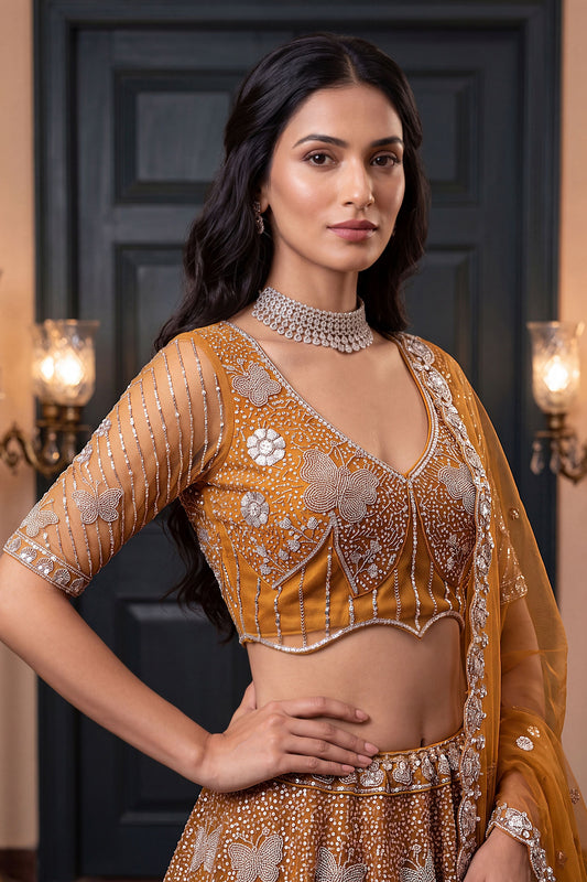Gorgeous Rust Orange Heavy Net Embroidered Designer Lehenga Choli with Dupatta for Women
