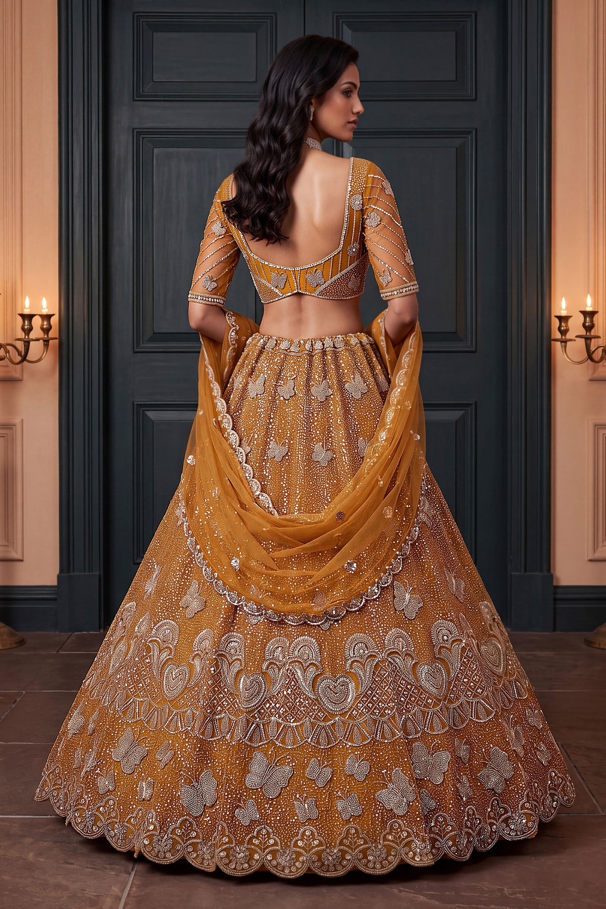 Gorgeous Rust Orange Heavy Net Embroidered Designer Lehenga Choli with Dupatta for Women