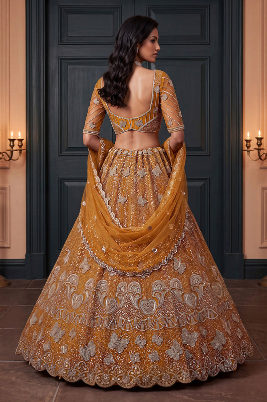 Gorgeous Rust Orange Heavy Net Embroidered Designer Lehenga Choli with Dupatta for Women