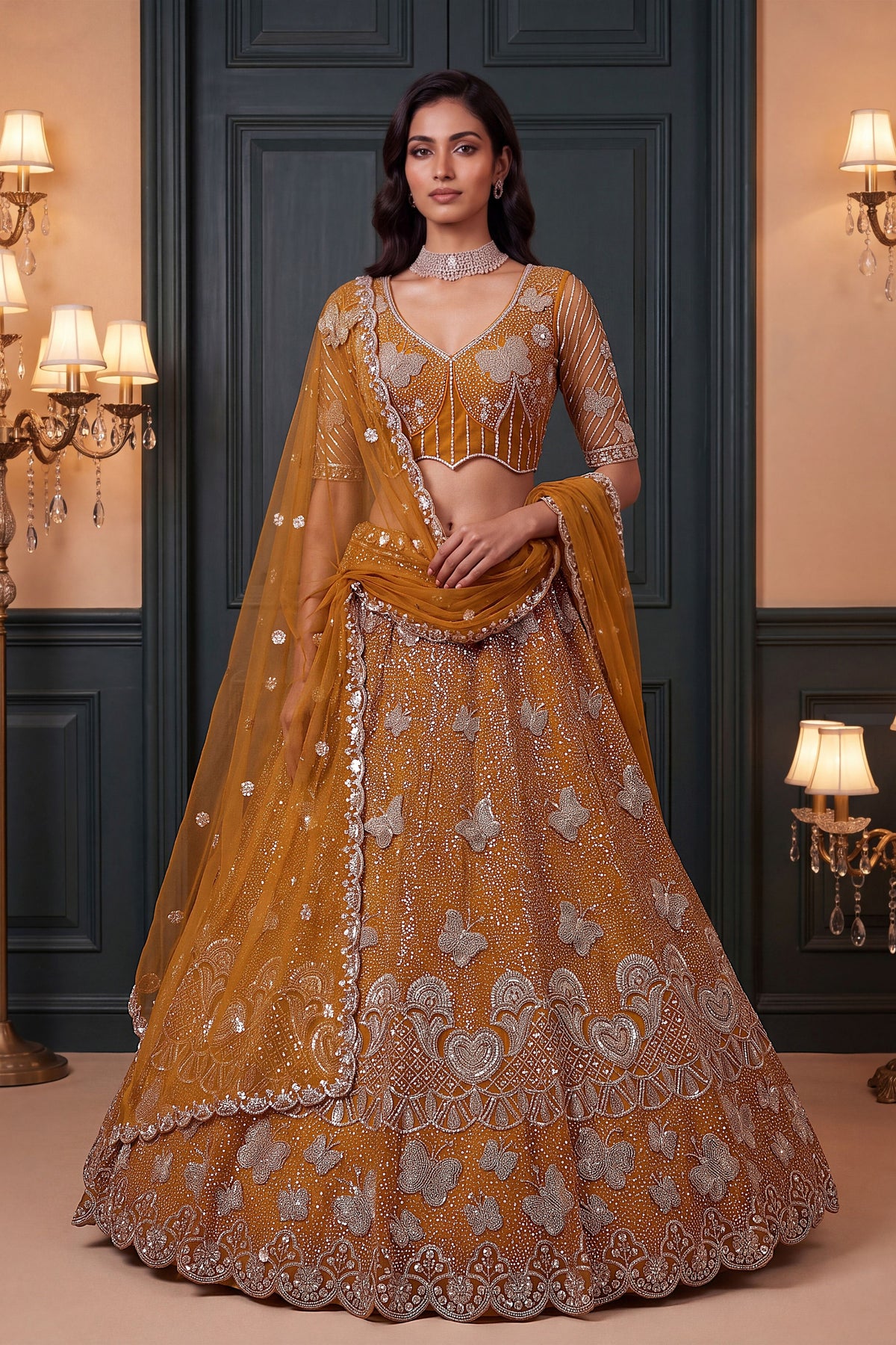 Gorgeous Rust Orange Heavy Net Embroidered Designer Lehenga Choli with Dupatta for Women